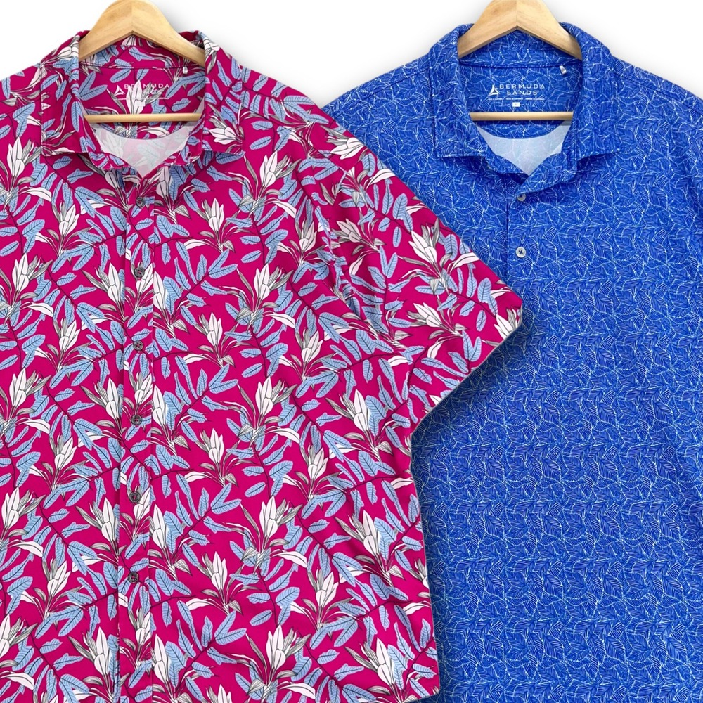 BUNDLE Bermuda Sands Golf‎ Shirts Mens Large Performance Polo & Button Up Floral